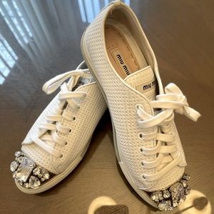 Miu Miu White Perforated Leather Crystal Embellished Cap Toe Sneakers